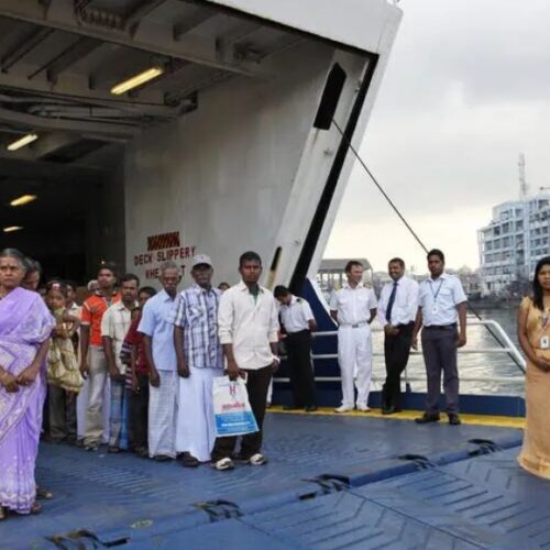 Sri Lankan refugees prepare to disembark on from the ferry that brought them from India to Colombo