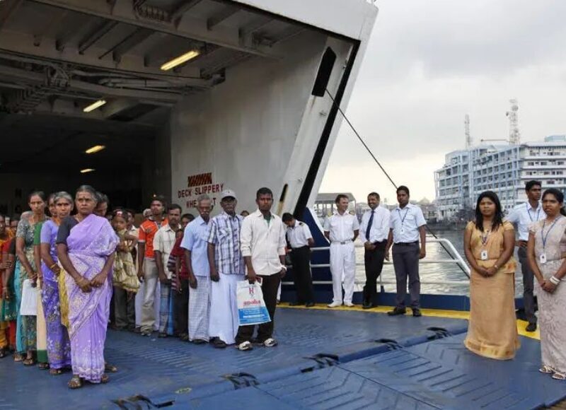 Sri Lankan refugees prepare to disembark on from the ferry that brought them from India to Colombo