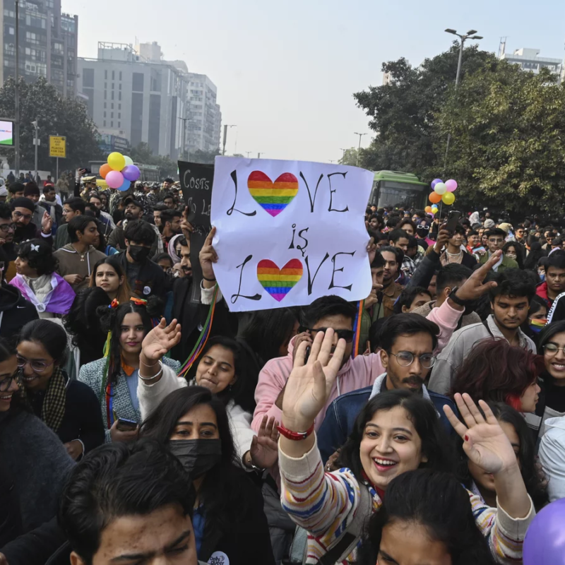 LGBTQ people and their supporters march demanding equal marriage rights in New Delhi, India, in January. India's Supreme Court in 2018 struck down a colonial-era law that made gay sex punishable by up to 10 years in prison but has yet to legalize same-sex marriages. AP